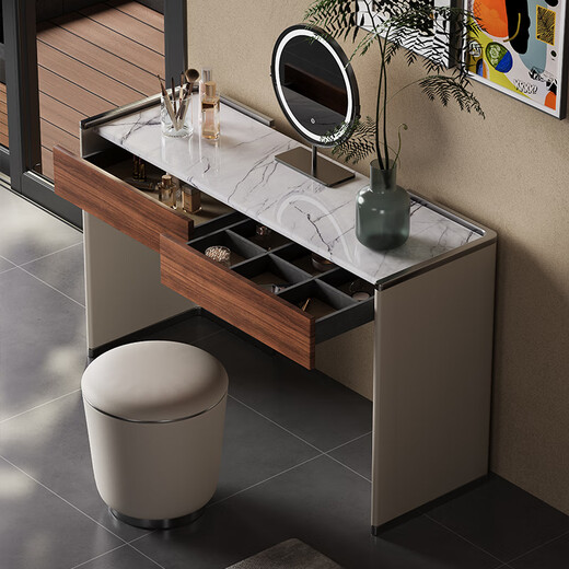 Jiajia Huan Italian style minimalist light luxury dressing table high-end customized leather veneer solid wood dressing table simple high-end designer dressing table + makeup stool + makeup mirror length 100x width 45x height 75cm