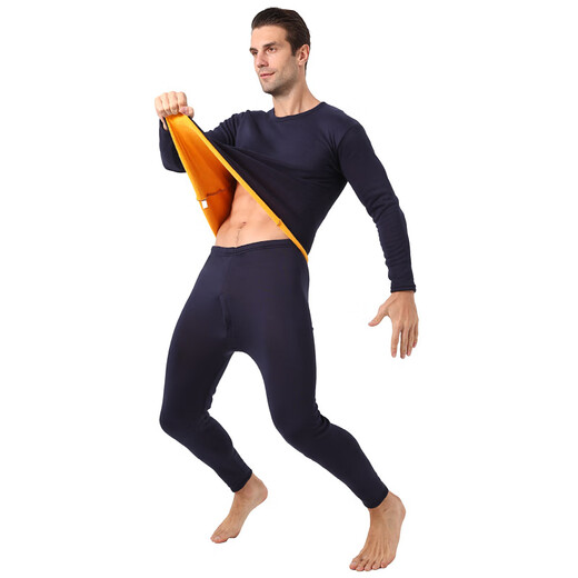 FKFX warm suit women's autumn and winter gold mink velvet plus fat plus size underwear for men and women plus velvet thickened round neck autumn clothes and long pants, navy blue men's L