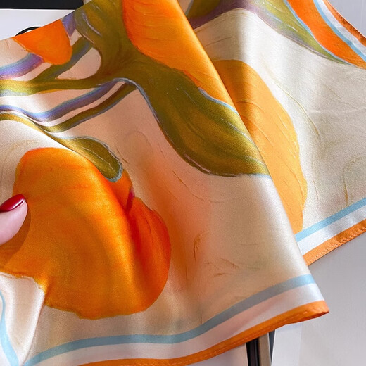 Story Life Mulberry Silk Chinese Style Lotus Fashion Silk Small Square Scarf Women's Scarf Spring Summer Autumn Korean Style Girlfriend's Neck Protection Scarf Orange Gradient 53*53cm
