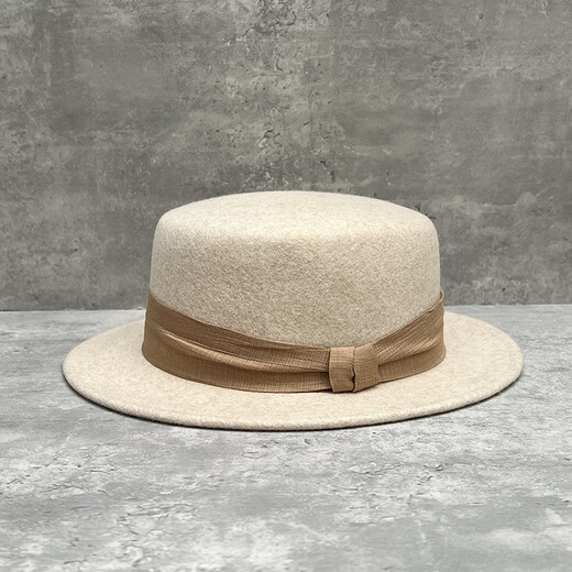 2024 Autumn and Winter New French Beige Flat Top Woolen Hat Women's Versatile Fashion British Retro Flat Brim Hat Mixed Beige Pleated Knot Patch YYK M (56-58cm)