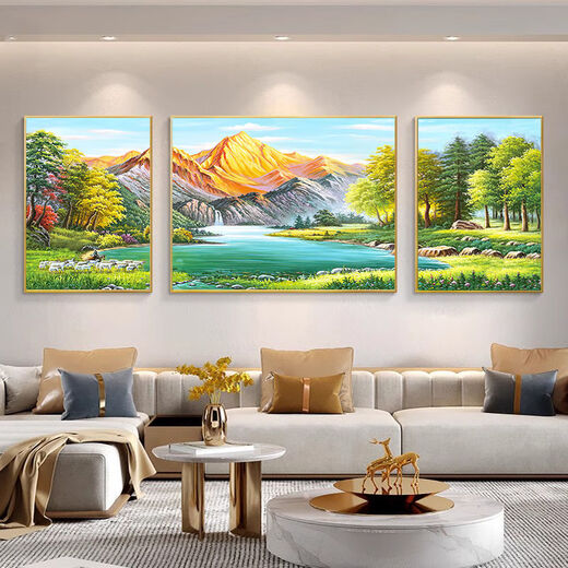 Volver a la sala de estar Jinshan pintura colgante pintura paisajismo sofá fondo decoración de la pared pintura enorme feng shui west pared triptainting 12596 [marco de aleación de aluminio dorado] medio 110*90 lado 70*90 [diamantes de porcelana cristalina tridimensional diamantes incrustados