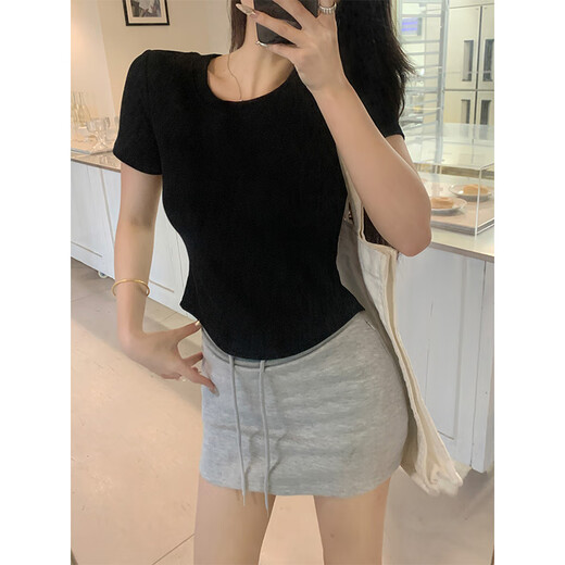 以欧新款夏季设计感露背显瘦遮肉上衣甜辣别致正肩短袖T恤女1477 黑色 XL