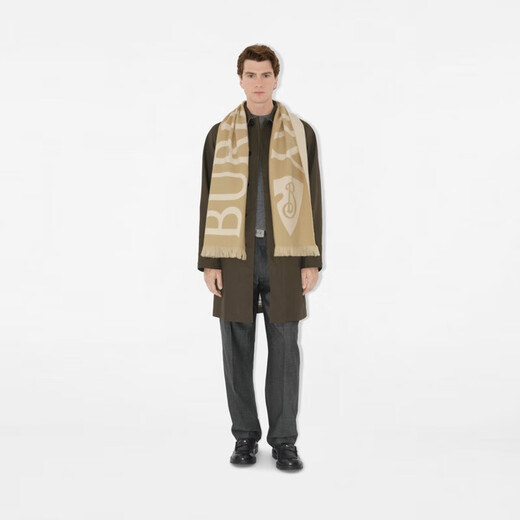 Burberry (BURBERRY) celebrity style scarf for men and women, logo decorated wool scarf, sand color