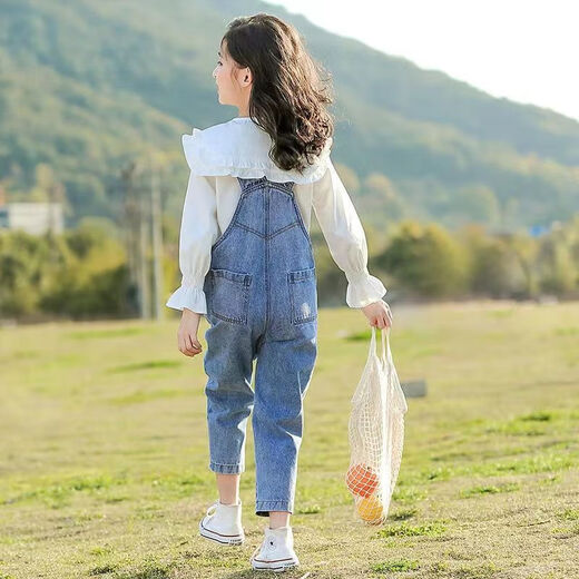 Ainolun children's overalls for girls, middle-aged and older, 9 to 12 years old, little girls, autumn clothing, versatile, casual, spring and autumn jeans, trendy Korean style, big children's pants, autumn style, girls' outer trousers, autumn clothing, overalls, single piece 110, recommended height 100-110cm