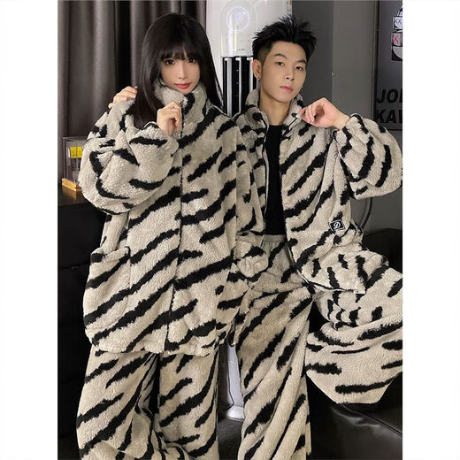 Coral velvet couple pajamas for women that can be worn outside, winter style plus velvet and thickened, high-end striped men's home clothes set XY Velvet #66731 Male L (weight 95-120