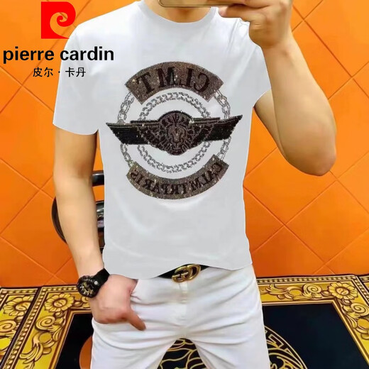 皮尔卡丹（pierre cardin）欧洲站夏季新款半袖体恤男潮牌大码烫钻印花纯棉帽子短袖t恤男士 黑色 L