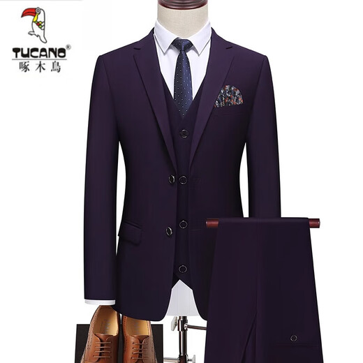 Woodpecker (TUCANO) suit men's spring and autumn men's suit three-piece suit business formal groomsmen suit men's groom wedding dress CYM87882 black (three-piece suit) XL recommended 120130Jin Jin equals 0.5 kg