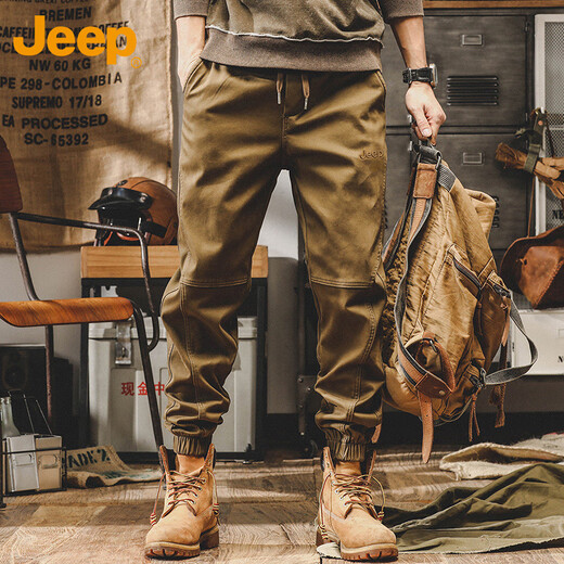 JEEP Overalls Men's Autumn and Winter Casual Pants Men's Loose Leg-tie Trendy Brand Versatile Men's Pants Camel XL