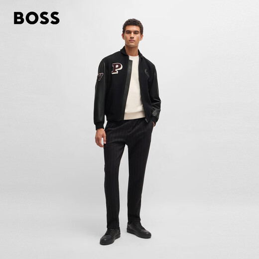 BOSS Porsche co-branded BOSS men's 2024 autumn leather sleeve design wool blend jacket 001-black 46