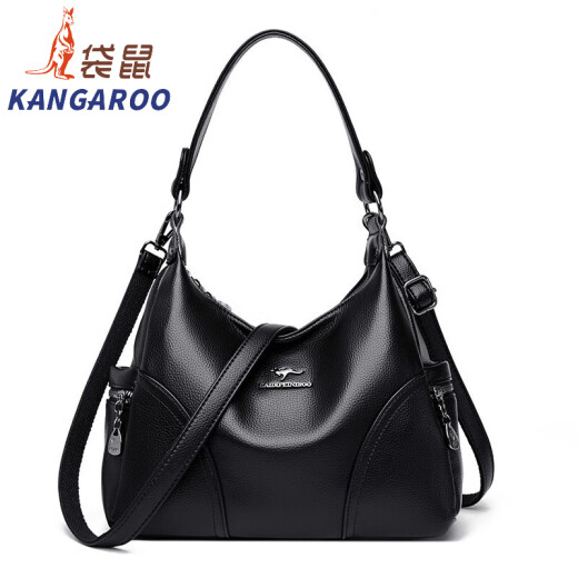 Canguro (canguro) Bolso de mujer de cuero genuino bolso de hombro en bolso de cuerpo cruzado Bolso de hombro Gran capacidad 2025 nuevo bolso madre bolsa versátil de cuero suave negro [bolso de bolso de bolsas de regalo]