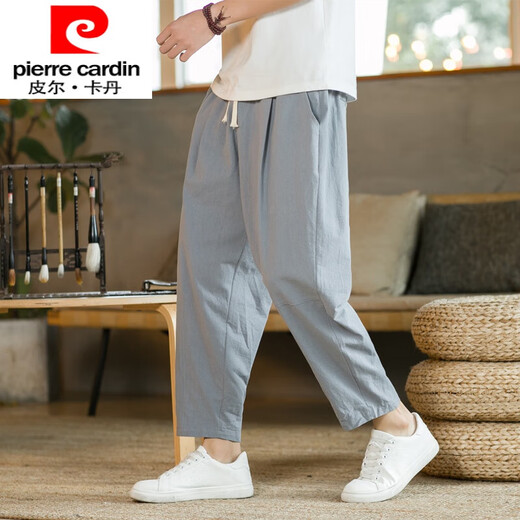 皮尔卡丹（pierre cardin）中国风亚麻男裤子宽松休闲裤2025夏季薄款长裤直筒棉麻阔腿哈伦裤 浅灰色 2XL