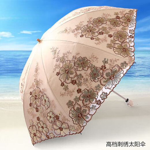MODX防晒防紫外线黑胶遮阳伞女神蕾丝刺绣太阳伞晴雨两用折叠伞新款 6218贰折灰色