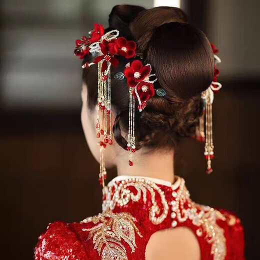 Jingli Jingda Xiuhe tiara female bride toasting attire Chinese ancient costume hair accessories red simple and elegant wedding high-end accessories red Xiuhe suit-ear clip style