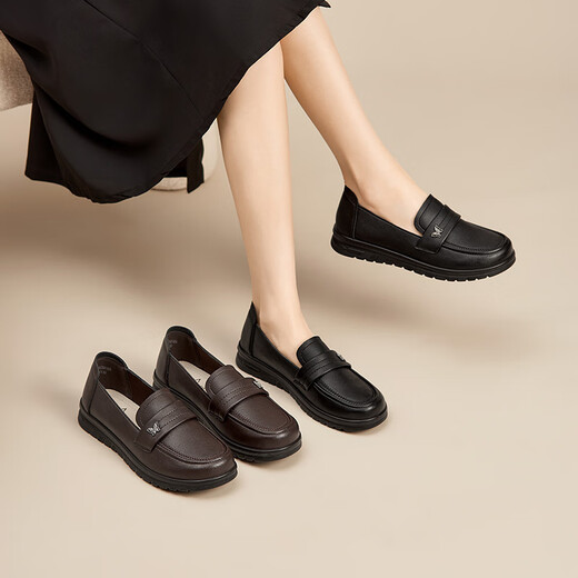 Dadong Dadong Fashion Mom Shoes 2024 Spring New Casual Style Medium Heel Flat Small Leather Shoes Loafers Women's Shoes 5010 Brown 38