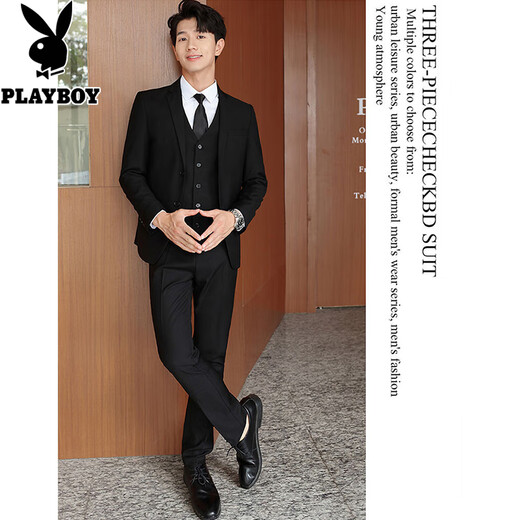 Playboy Suit Men's Korean Slim Top Jacket Groomsmen Wedding Business Professional Formal Small Suit Men Two-button Black Top + Shirt + Tie + Tailor-made Pants 2XL