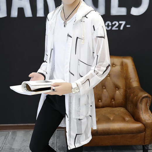 Men's Sun Protection Clothes Men's Tulle Outerwear Ice Silk Clothes Men's Cloak Summer Breathable Clothes Hooded Fishing Mesh Hollow Mid-Length Check M M