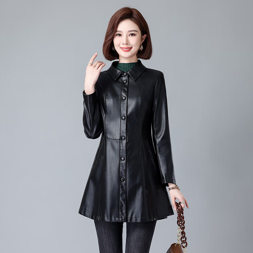 啄木鸟真皮皮衣女中长款2025秋季新款绵羊皮风衣女士修身显瘦外套 黑色【送】 2XL 适合120-130斤