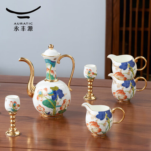 Yongfengyuan (auratic) Xingfu Heming Ceramic Wine Set 14-head White Wine Glass Wine Jug Wine Distributor Madam Porcelain 14-head Wine Set