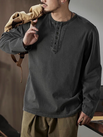 Yibaike American Henley Collar Long Sleeve T-shirt for Men Loose 2025 Autumn Undershirt Men's Retro Casual Top Men Mocha Brown S (80-100Jin Jin is equal to 0.5kg)