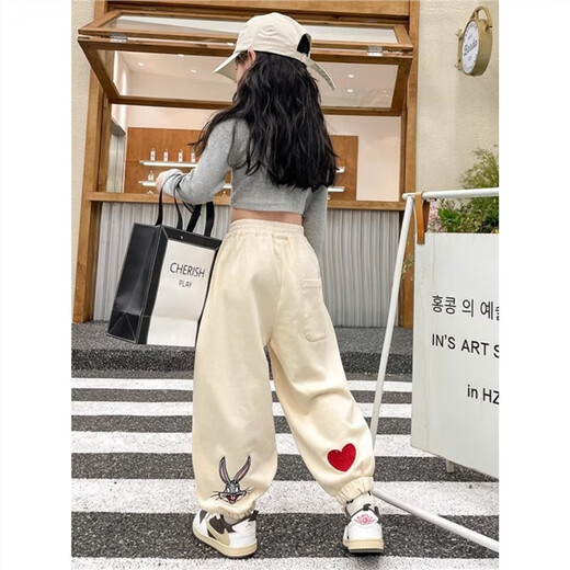 Girls' pants autumn and winter sports rabbit 2025 new children's plush girls' trousers large children's tying feet trousers autumn NN-A983 [Apricot color] spring and autumn style 150cm