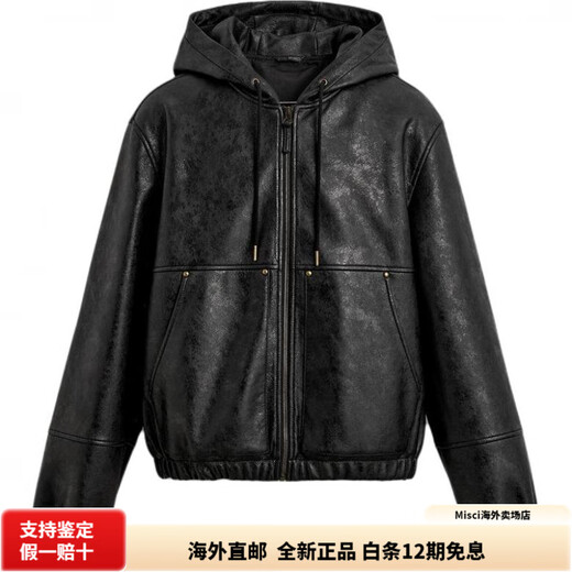 ZARA hooded kangaroo pocket men's leather jacket, comfortable and versatile, long-sleeved, black S (175/92A)