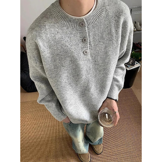 Shelley Jones Gray American Henley Collar Sweater Men's Autumn and Winter Premium Lazy Style Bottoming Sweater Cleanfit Jacket Light Gray XL Recommended 125-145 Jin Jin equals 0.5 kg