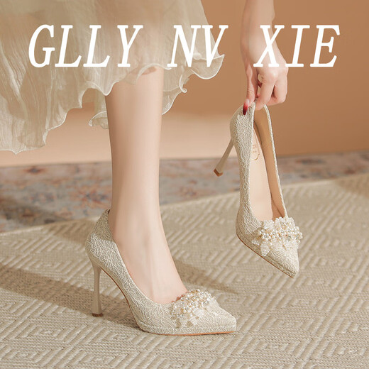 French pearl platform high-heeled shoes for small women, thick-soled single shoes, wedding dress, stiletto heels, wedding shoes for daily wear, champagne color 8CM, main picture 34