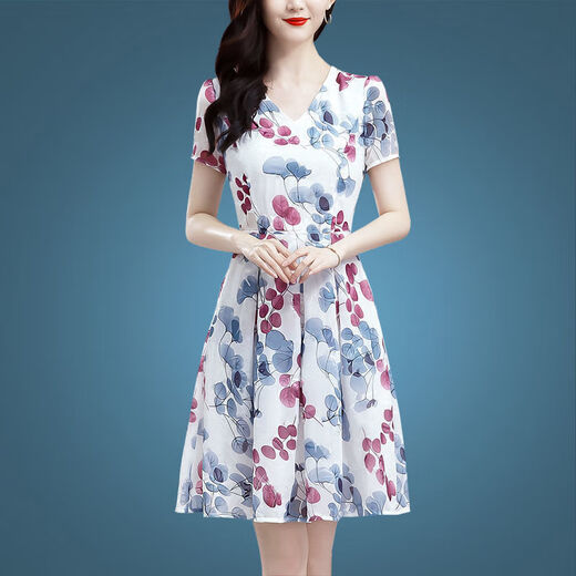 ICE Seidenkleid Sommer 2025 Neues Blumenrocktemperament 40-50 Jahre alte Frauen mittleren Alters mit kurzer Ärmeln gedrucktem Rock Ice Seide 9905 Rock M 100jin [Jin gleich 0,5 kg]