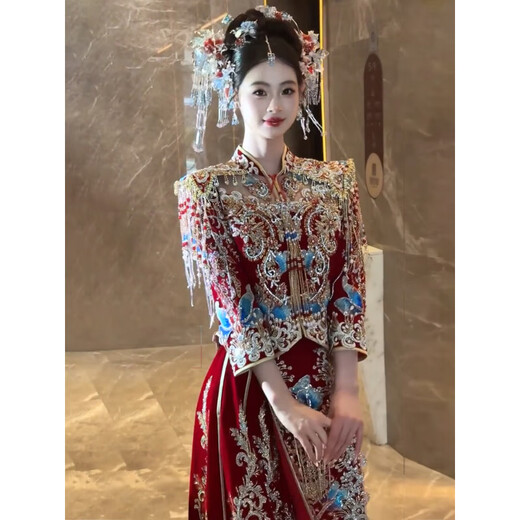 ROAR UTHAUG Velvet Xiuhe Wedding Clothes 2025 New Bride Wedding Dress Chinese Wedding Dress Heavy Industry Dragon and Phoenix Gown Wedding Clothes Red Xiuhe Clothing Free Earrings M