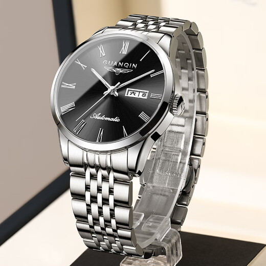 GUANQIN men's watch Swiss quality wear-resistant waterproof luminous fully automatic mechanical watch dual calendar watch men's mechanical watch fully automatic mechanical model-silver shell black surface