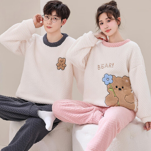 Modal buy one get one free couple pajamas for women winter coral velvet plus velvet thickening men's flannel home clothes suit winter velvet gray bear head M female M + male XL