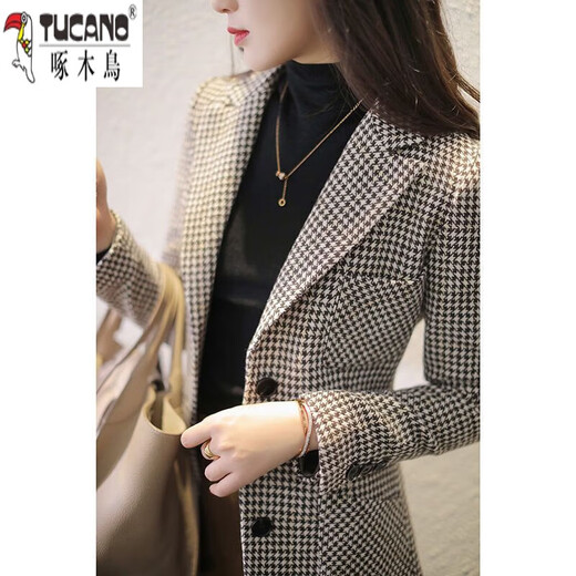 
Woodpecker (TUCANO) houndstooth plaid wool small suit jacket for women mid-length 2023 Spring and Autumn British style wool casual suit top 675# black and white houndstooth [with lilac] 3XL [Suggested 138-150Jin [Jin equals 0.5 kg]]