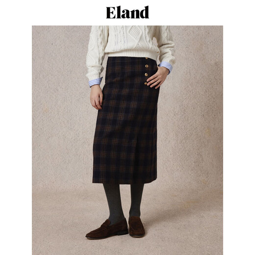 ELAND 40% sheep wool Eland skirt women's college plaid H-shaped slim skirt 25 autumn new style dark gray (17) D/Grey S 160
