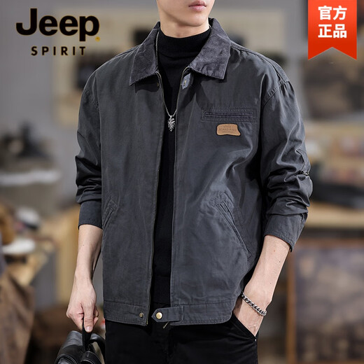 JEEP SPIRIT American retro cotton work jacket men's spring and autumn new Detroit loose large size versatile lapel jacket dark gray L suitable weight 130-145Jin Jin equals 0.5 kg