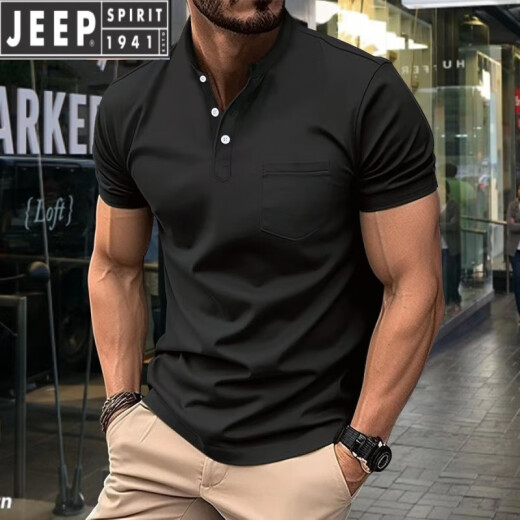 JEEP SPIRIT2025 new American retro solid color short-sleeved T-shirt top European and American summer men's fashion Henry neck half-sleeved shirt gray XL
