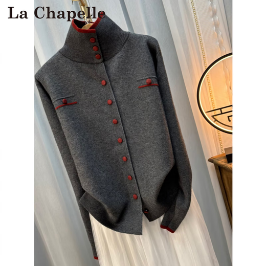 La Chapelle Korean style gray half turtleneck knitted cardigan for women 2025 autumn and winter new fashion versatile bottoming top gray L