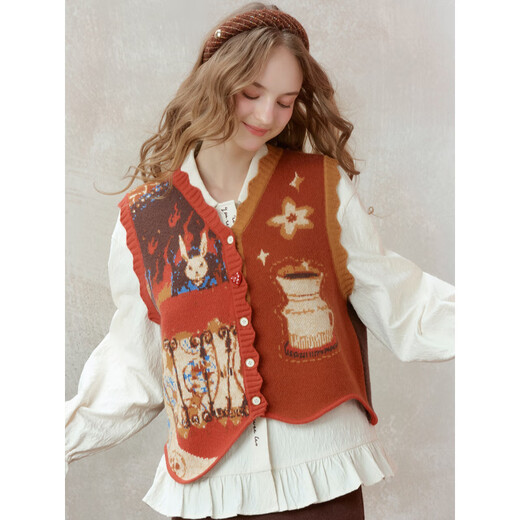 Two or Three Things Chasing the Wind Diary 2025 Winter New Style Literary Style Ruffled Hem Embroidered Placket Printed Shirt for Women Apricot S