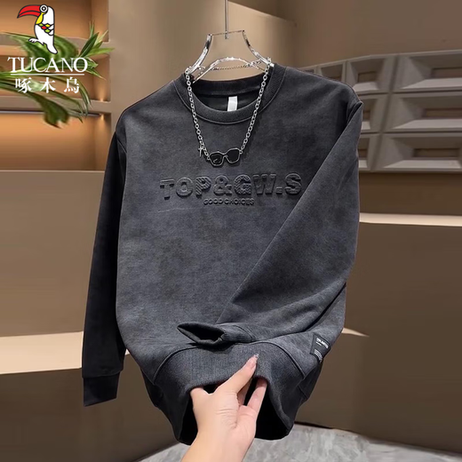 Мужская высококачественная толстовка Woodpecker, осень 2025, новый стиль, бархатный утолщенный универсальный модный пуловер, повседневный модный топ с длинными рукавами, темно-серый, рекомендуется XL 135-150Jin Jin, вес 0,5 кг.