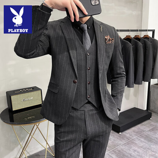 Playboy striped suit men's three-piece slim fit business casual plus size handsome suit male groom wedding dress dark gray suit XL (suit + vest + trousers)