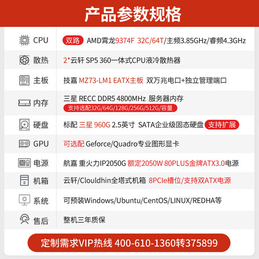 cloud hin dual-channel AMD Xiaolong 9754/9965 scientific simulation computing DeepSeek local deployment graphics workstation/CPU rendering/finite element analysis workstation host dual-channel Xiaolong 9374F 3.85G 64 core 128 threads 64G memory +960