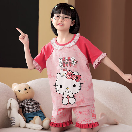 曼妮朵夏季儿童库洛米睡衣薄款卡通套装小女孩纯棉短袖女大童家居服全棉 M6636女【双短】 130cm 14码建议125-135cm