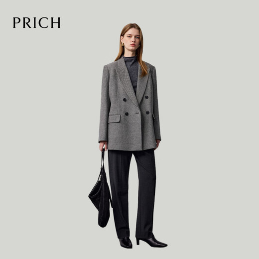 PRICH 100% sheep wool fashionable double-breasted plaid suit 2025 winter new mid-length coat new year 19 black L 170