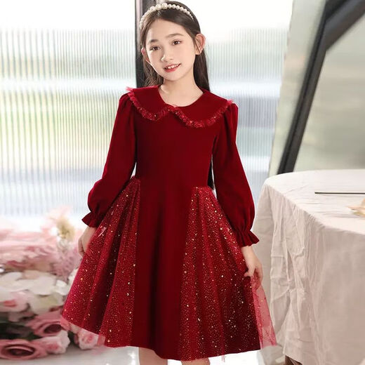 Disney Girls Dress Velvet Children's Skirt Red Princess Dress Host Performance Clothes Autumn and Winter Long Sleeve Plus Velvet Red Regular 130
