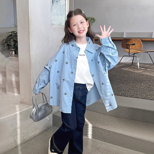 Girls' loose trendy mid-length shirts children's fashionable Internet celebrity shirts big children's tops 2025 spring and autumn new style blue 160