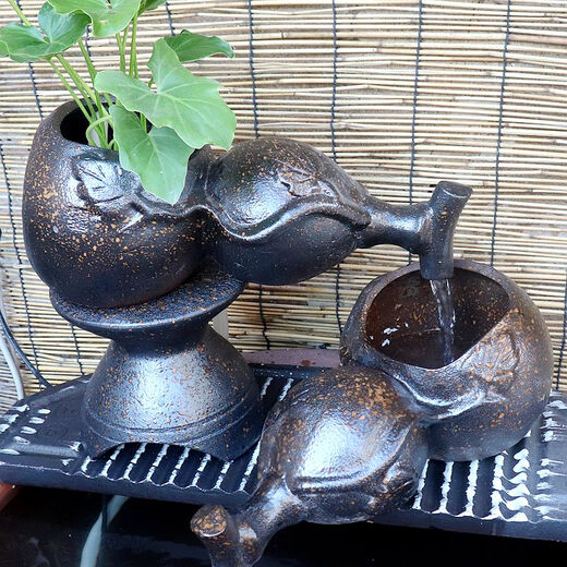 Wen Shiou pottery gourd black gold flowing water style creative handmade ecological fish tank pottery pot circulating water landscaping decorative ornaments a pair of gourds (one of them has a side water inlet hole)