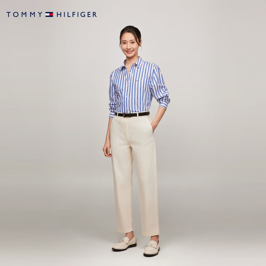 Tommy Hilfiger loose striped autumn and winter women's pure cotton light business casual resort style long-sleeved shirt jacket blue and white stripes C66 M (recommended 115-130Jin Jin equals 0.5 kg)