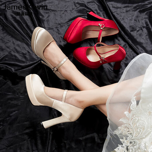 
James Kevin brand main wedding artifact wedding shoes for women 2024 new wedding bride shoes waterproof platform high heels thick sole thick heel 757 champagne color heel upgrade (11cm) 35 225mm