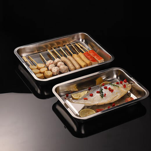 Lunsheng food-grade stainless steel tray rectangular commercial square plate barbecue plate grilled fish plate steamed rice plate serving basin pure 304 stainless steel extra thick 60*40*4.8 deep plate steamed rice plate
