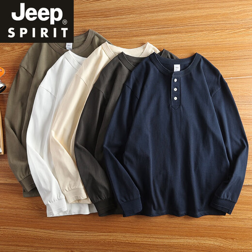 JEEP SPIRIT heavyweight cotton T-shirt men's long-sleeved inner Japanese retro bottoming shirt loose trendy T-shirt top new Henry shirt military green M