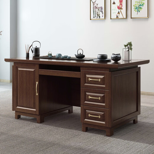 Cossenger walnut solid wood boss desk office desk new Chinese desk combination bedroom computer simple office desk writing table 2.0 meter boss desk + double side cabinet + chair + 6 door bookcase